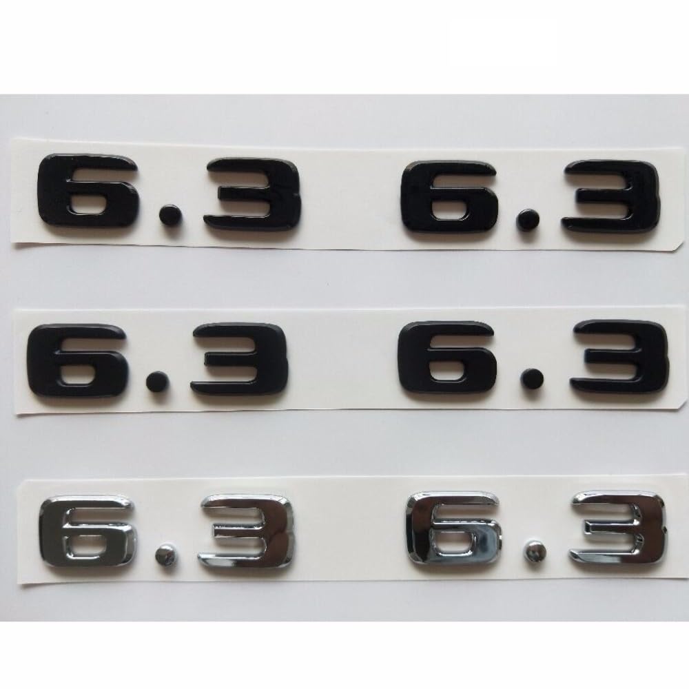 WHARGTSL Chrome Matte Gloss Black Number 6.3 Emblems Badges Fit For Mercedes Benz AMG W207 W211 W212 W203 W204 W205 C63 E63(6.3 (2pc) Glossy Black)