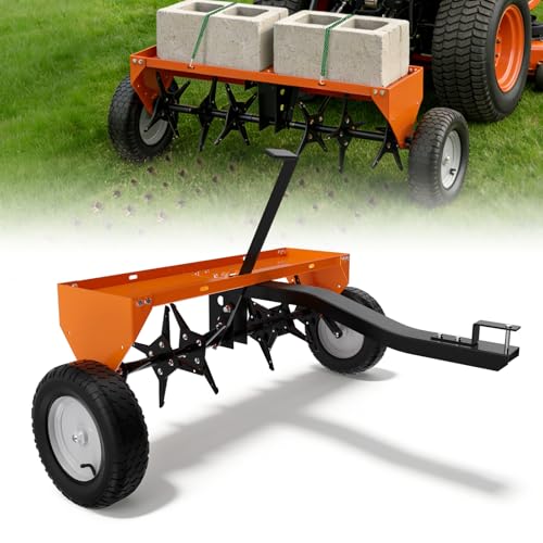 40" Tow Behind Aerator, Pull Behind Lawn Aerator Tool with Universal Hich, 24 Rust-Proof Knives & Heavy-Duty Tires, Plug Aerator for Yard & Garden Compacted Soil, Fits Lawn Tractors, ATV, UTV, Orange