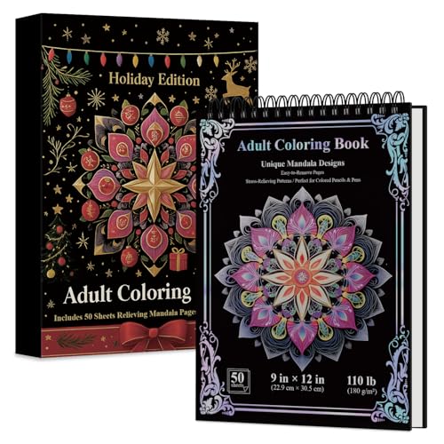 Mandala Coloring Book for Adults Hardcover: 50 Unique Designs Spiral Coloring Book for Adults with Perforated Pages. (Mandala Designs 9 x 12 inches 50 Sheets) Valentines Day Gifts.