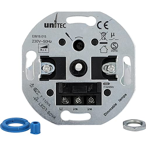 UNITEC für LED-Leuchtmittel mit 3 bis 60 W und ohmsche und induktive Lasten von 7 bis 110 W, mit Druck-Wechselschalter und Schraubklemmen Dimmer, Silber