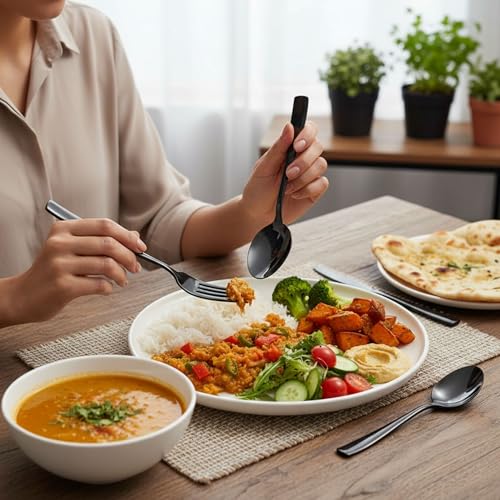 Image of 24 Pcs Black Mirror Polish Stainless Steel Cutlery Set for Dining Table with Spoons and Forks Set + Butterknives - The Perfect Tableware /Flatware