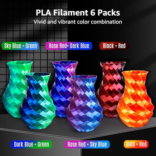Image of Silk PLA+ 3D Printing Filament Dual Color 250g, 6 Packs, 1.75mm | 250g x 6 Spools Bundle, Gold&Red, Black&Red, Rose Red&Sky Blue, Rose Red&Dark Blue, Dark Blue&Green, Sky Blue&Green