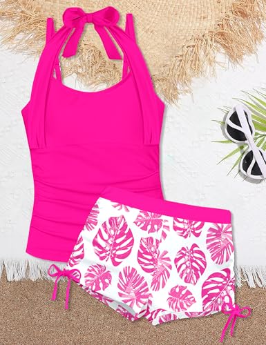 Image of Girls Swimsuit 2 Piece Halterneck Girls Tankini Swimsuit Drawstring Printed Swim Shorts Girl Bathing Suit for 7-18T