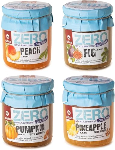 Auswahl an Marmeladen ohne Zuckerzusatz: 4er-Set à 280 g, Feige, Pfirsich, Ananas mit Ingwer, Kürbis mit Walnuss, natürlich gesüßt.