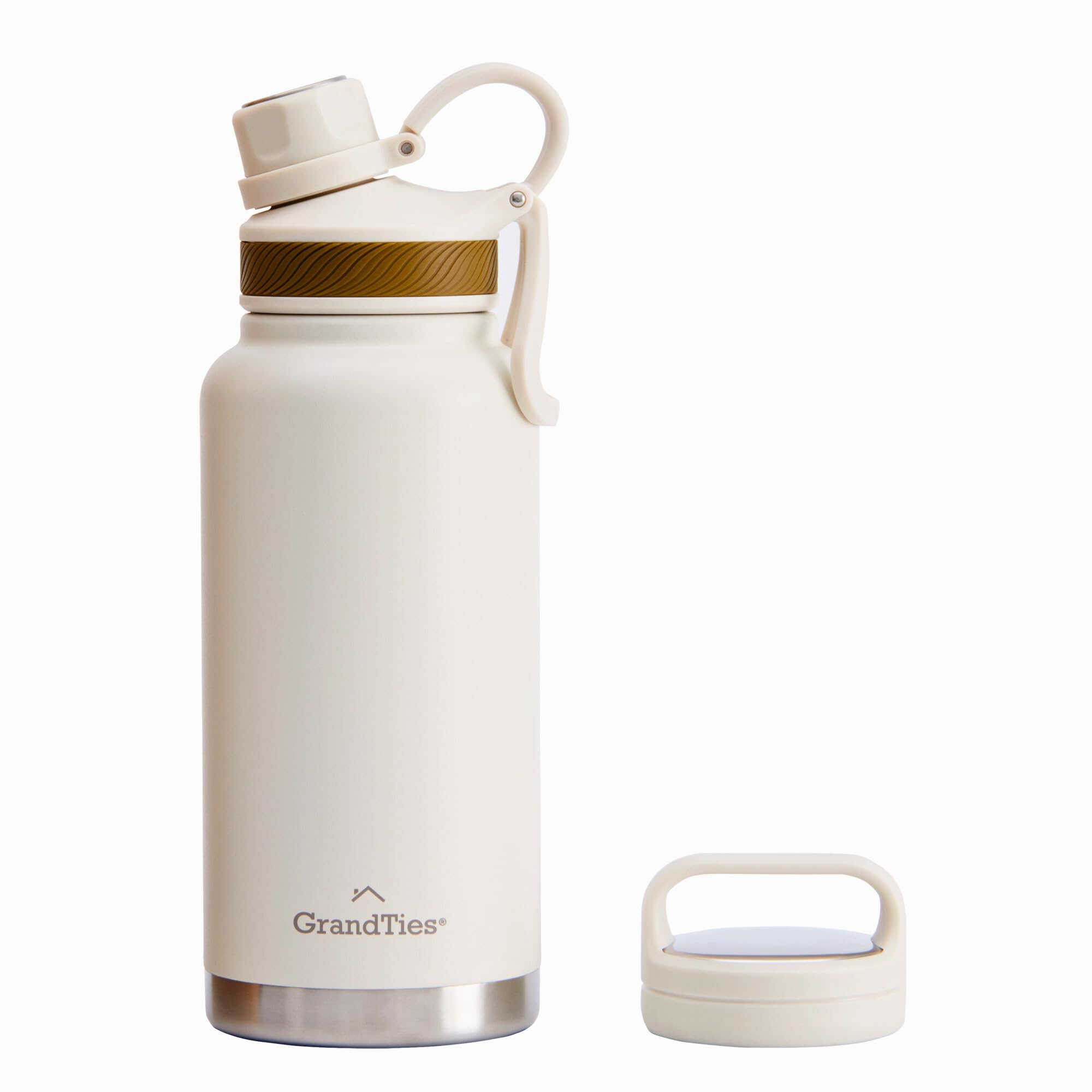 GrandTies 32 oz Travel Water Bottle - Wide Mouth Vacuum Insulated with Two Lids - Style Cold Bottle for Men & Women - Ivory White