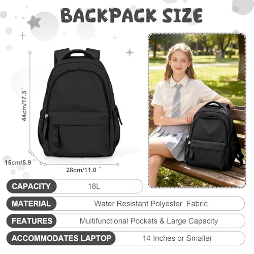 HYC00 Plecak Szkolny Damski, Tornister Nastolatki Dziewczęcy Szkoły średniej Wodoodporny Plecak Laptopa 14 Cali Plecaki Szkolny na Zewnątrz Lekki Plecaki Unisex na co Dzień,Czarny