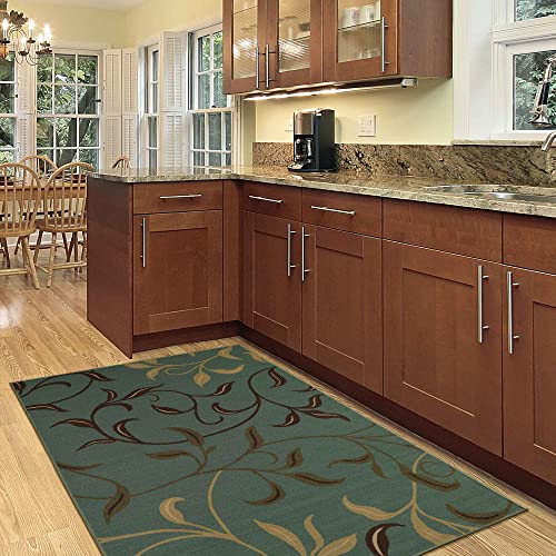 Machine Washable Leaves Design Non-Slip Rubberback 3X5 Traditional Area Rug For Living Room, Bedroom, Kitchen, Dining Room, 3'3" X 5', Seafoam Green #TOP3