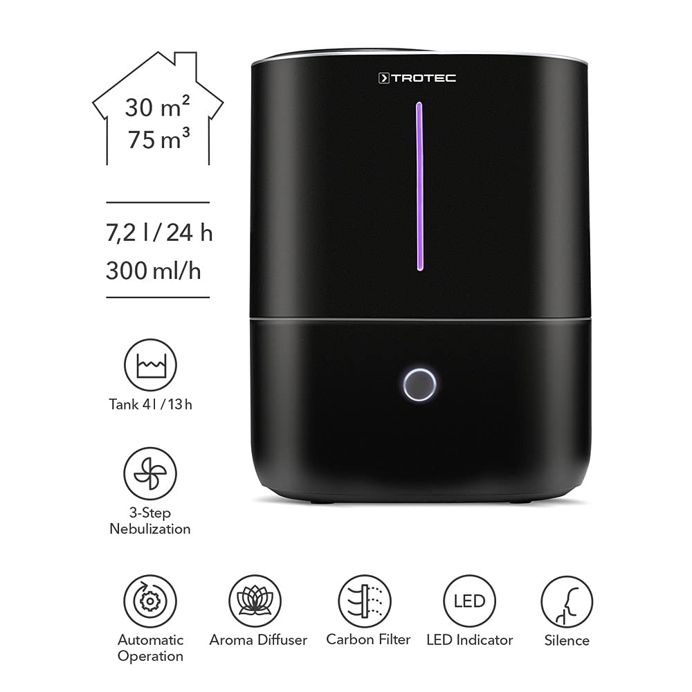 TROTEC Humidificateur B 2 E – Humidificateur ultrasonique avec diffuseur d'arômes – Pour pièces jusqu'à 30 m²/ 75 m³, purificateur d'air avec filtre à charbon actif