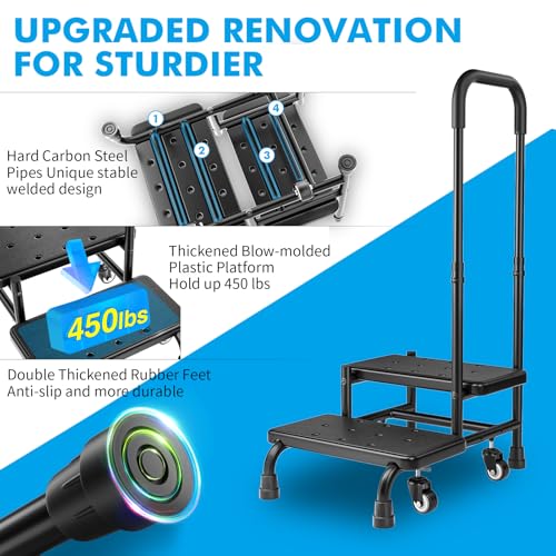 FORTEMOTUS Step Stool with Handle for Elderly with Wheel - Heavy Duty Bed Steps for High Beds for Adults with Adjustable Handle, Portable Foot Stool Ladder for Bedside, Kitchen, Car, RV, Bathtub