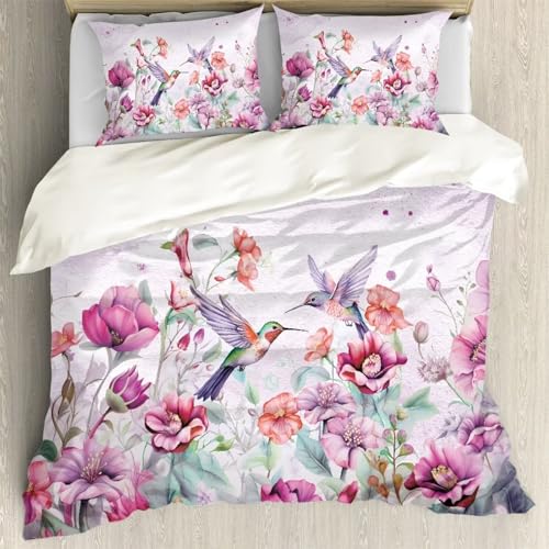 ZFRXIGN Hummingbird Bedding Set King Size for Women Comforter Set 3 Pieces Bedspread Pillow Cases Bedding Blanket Comforter Home Decor Duvet Cover Spring Flower Birds Pink