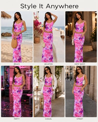 Image of Two Piece Skirt Set for Women - Sexy Sleeveless Spaghetti Strap Pleated Tank Top Maxi Long Skirts Sets