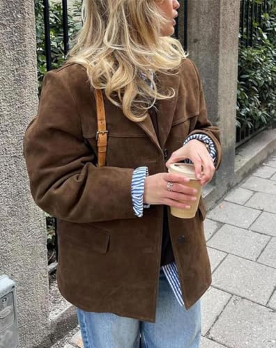 Women's Fall Blazer Jackets Nothed Lapel Button Down Open Front Long Sleeve Winter Casual Warm Office Work Suit4