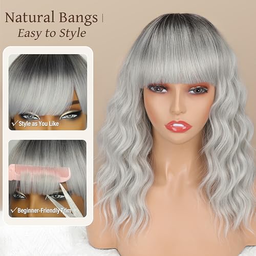 Image of Nnzes Silver Wigs for Women,Synthetic Short Curly Wig with Bangs 16 Inch | Natural-looking heat-resistant fiber, soft comfortable wear, beginner-friendly for daily, party & cosplay.