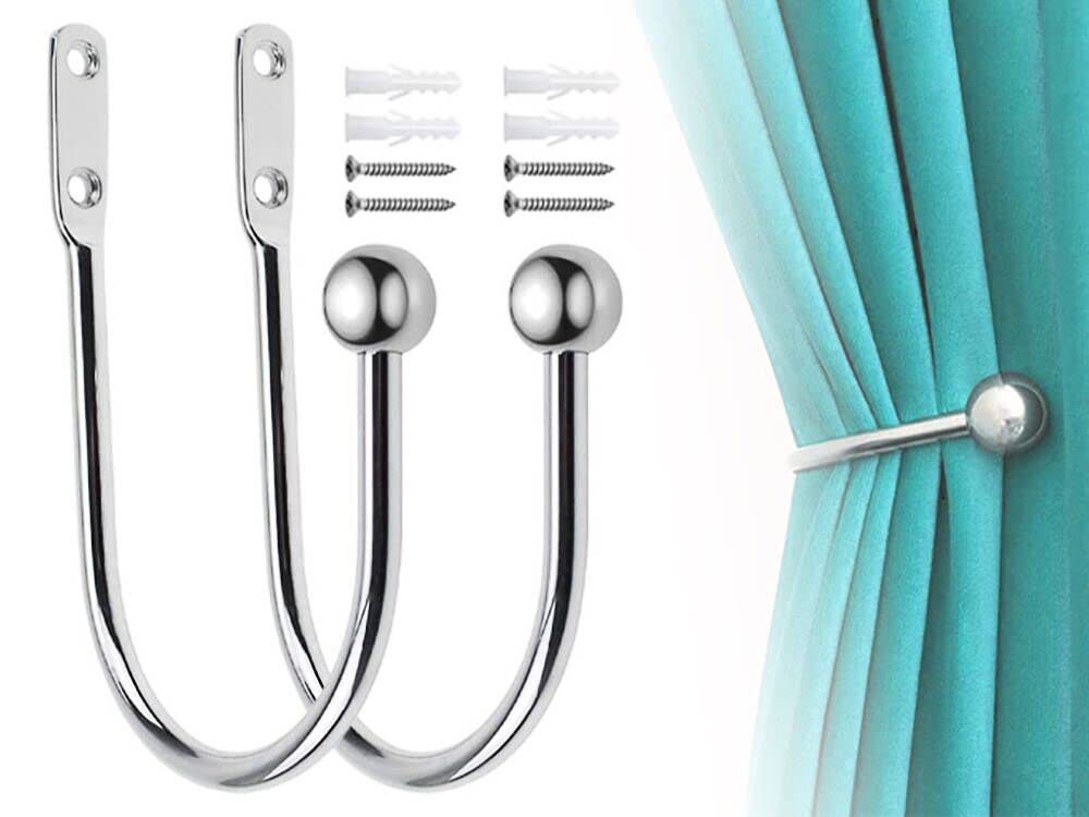 Hitopin 2PCS Metal Curtain Holdback Hooks Decorative Drapery Holdbacks Hooks Round Head U Style Metal Curtain Holdbacks Hooks Wall Mounted Curtain Tie Backs Hooks, for Fixed Curtain (Silvery)