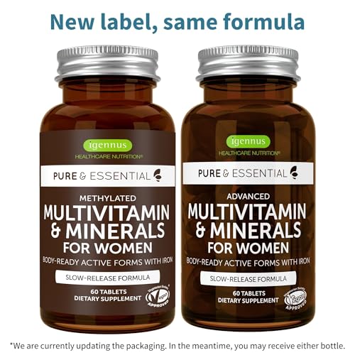 Image of Igennus High Potency Methylated Multivitamin for Women with Gentle Iron, 5-MTHF Folate & Methylcobalamin B12, Pure & Clean, Sustained Release, Active B-Complex & K2 MK-7, Non-GMO, 60 Vegan Tablets