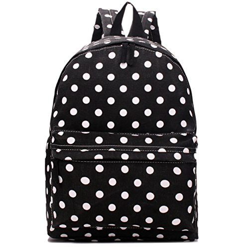 Miss Lulu: Mochila de lona para mujer  niña  diseño de lunares   color negro  talla