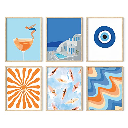 HAUS AND HUES Seascape Posters Gallery Wall Art Set of 6 - Beach and Coastal Wall Art, Evil Eye Decor, Travel Posters, California Beach Prints, Blue and Orange Artwork (Beige Frame, 8x10)