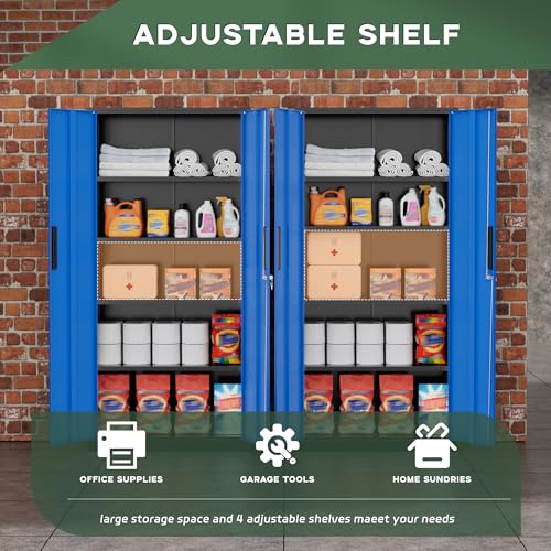 Image of Greenvelly Metal Storage Cabinet, 72 inch Locking Metal Garage Storage Cabinet with Doors and 4 Adjustable Shelves, Lockable Steel Cabinet for Home Office, Garage, Shop, School (Blue 32 inch W x 16 inch D)