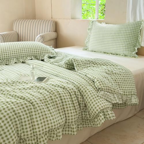 Image of NSNLGSGC Sage Green Ruffle Gingham Comforter Set King, Pre-Washed Ruffled Plaid Checked Comforter Bedding, 3 Pieces Vintage Farmhouse Grid Bedding Set(Green Gingham, King)