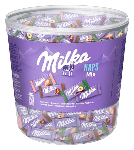 Milka Naps Mix – Mini-Schokoladentäfelchen in 4 Sorten: Alpenmilch, Erdbeer, Haselnuss, Crème au...