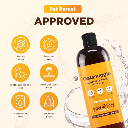 Image of Honey & Oatmeal 16.9 oz Pet Shampoo for Dogs, Natural Formula with Colloidal Oatmeal, Aloe & Honey - Relieves Itchy Dry Skin, No Sulfates or Parabens, Gentle, Chamomile Scented