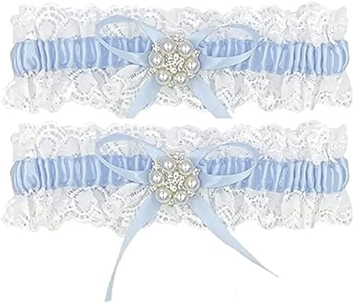 Acrebow Blau - Weisses Strumpfband für Hochzeit mit Schleife, elastisches Hochzeit Strumpfband mit Spitze und filigranen Strass-Steinen, Garters 100% Handgefertigt Cover