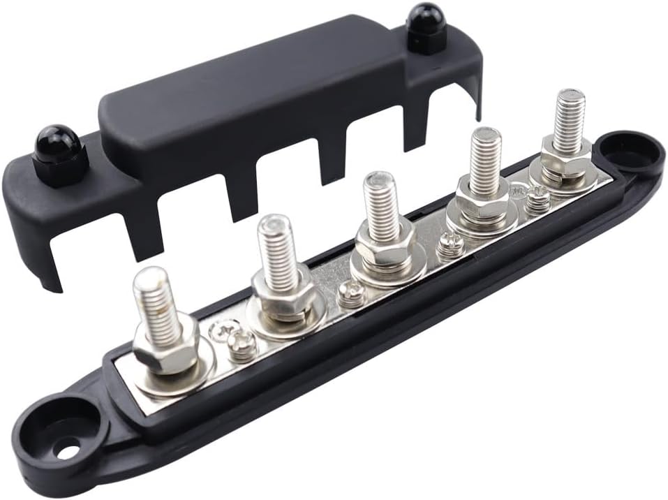 Power Distribution Block Bus Bar with Cover for Boat/Car/RV/Yacht, 5 x 1/4" Posts(M6), 6 x #8 Screws Terminals, Max 48V 250A