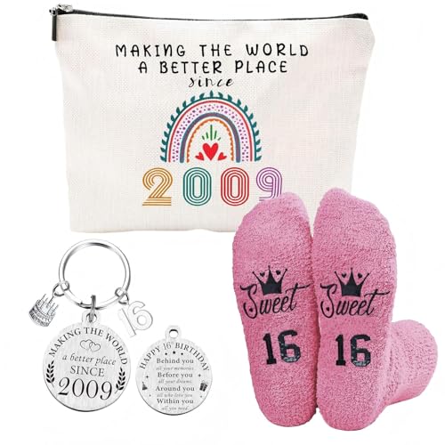 3PCS Regalo per il 16° compleanno per ragazze con borsa per il trucco, portachiavi e calzini HSYWSH-set regalo dolce con borsa per il trucco Ideale Come Regalo Di Compleanno Per Figlia (Rosa)