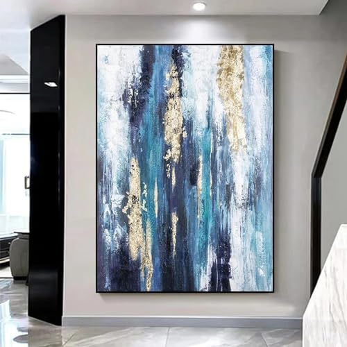 Toile murale abstraite bleue et dorée grand format pour salon moderne