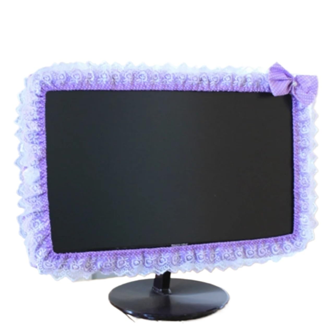 Qvorlth Violet Monitor Cover Lace Fabric Computer Frame Cover Monitor Screen Dust With Elastic Pen Pocket Bow Home Decorations(Violet)
