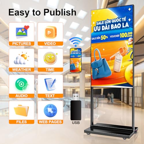 Image of 55 inch 4K Inch Floor Standing Digital Signage, 1000nits High Brightness Advertising Display, Digital Signage with CMS /U-Disk Plug&Play, Split Screen, 7 /24 Timer Switch,HDMI /USB /WiFi /Android OS