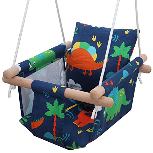 PELLOR Balancoire Bebe Exterieur en Bois et Tissu Motif de Dinosaure Enfant Portique Intérieur Balançoire de Jardin avec Cordes réglables Dossier et Harnais