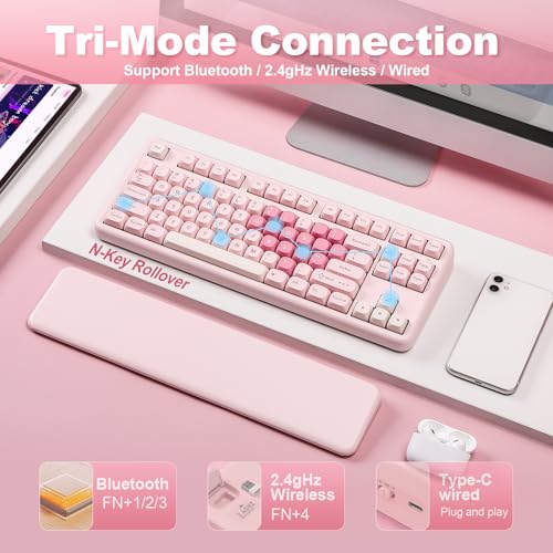 Image of YUNZII B87 Wireless Mechanical Keyboard,QMK /VIA Programmable,TKL Layout 87 Keys,BT /2.4G /USB-C,Hot Swap Gasket Mount RGB Backlit Gaming with Wrist Rest for Win /Mac (Pink, Milk V2)