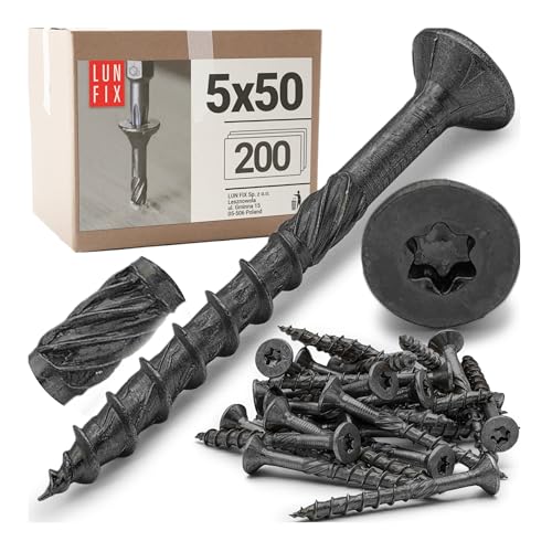 Viti autofilettanti Ø 5,0 x 50 mm, 200 pezzi, testa svasata in acciaio zincato nero T25 per legno, mobili, recinzioni, terrazze