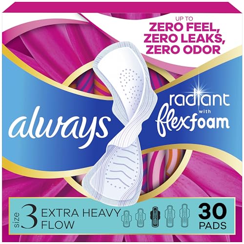 Always Radiant Feminine Pads for Women, Flexfoam Pads with Wings, Size 3, Extra Heavy Absorbency, Lightly Scented, 30 Count
