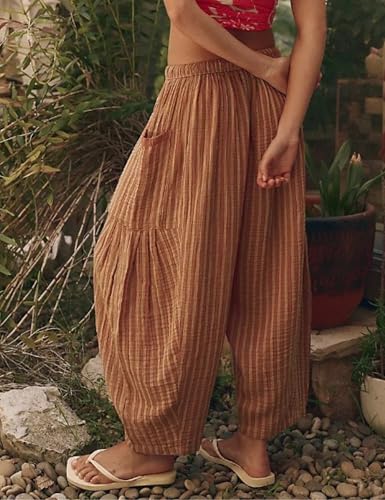 Womens Striped Lantern Harem Pants Elastic Drawstring Lounge Palazzo Pants Trousers with Pockets4