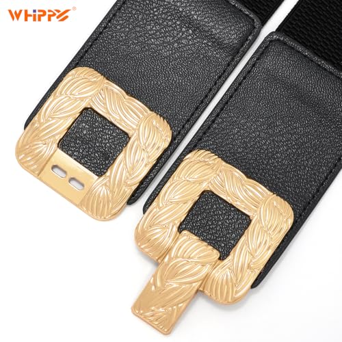 WHIPPY 2 Pack Womens Wide Elastic Stretch Waist Belts for Dresses Fashion Ladies Belt Waistband with Square Gold Buckle3