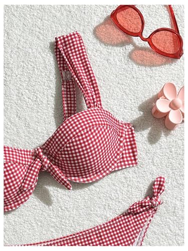MakeMeChic Women's 2 Piece Plaid Bikini Sets Gingham Print Bow Knot Backless Swimsuits High Waist Bathing Suit3