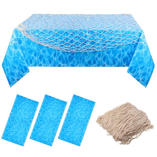 Image of Tegeme 4 Pcs Fish Net Decorative and Ocean Waves Tablecloth Set, 1 Cotton Fishnet and 3 Plastic Water Print Table Cover for Ocean Birthday Party Decorations Baby Shower Party Supplies
