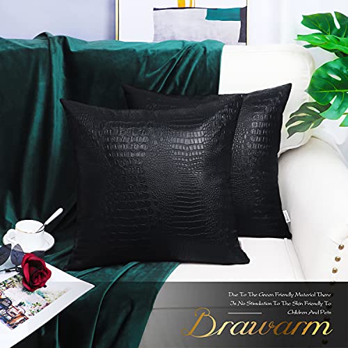Brawarm Faux Leather Pillow Covers 18 X 18 Inches, Black Leather Pillow Covers Pack Of 2, Crocodile Leather Decorative Throw Pillows For Living Room Couch Bed Sofa Home #TOP1