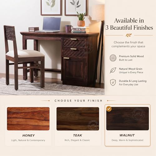 Image of NSH Solid Sheesham Wood Study Table with Chair | Wooden Writing Desk with Drawer & Door Storage | Pre-Assembled Computer Desk Workstation for Home Office & Study Room | Walnut Finish