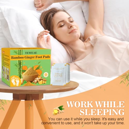 Image of TEWEAE 62-Count Ginger Foot Pads, Bamboo Vinegar & Mugwort Foot Patches to Sleep Better | Stress & Fatigue Relief | Relaxation Foot Spa for Tired Feet | Use During Sleep