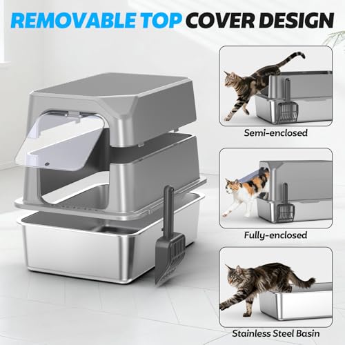 Image of WoofiGo Enclosed Stainless Steel Cat Litter Box with Lid, XL Extra Large Litter Box for Big Cats, Metal Litter Pan High Sided, Never Absorbs Odors, Anti-Urine Leakage, Include Scoop (Light Grey)