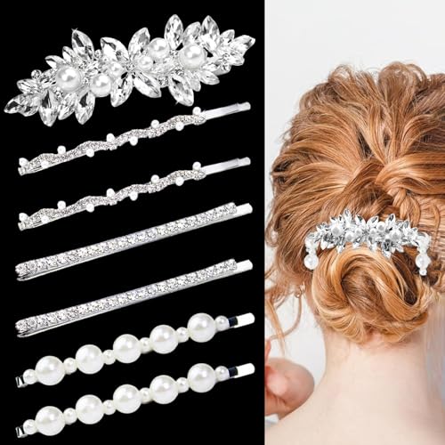 7Pcs Silver Rhinestone Hair Pins Pearl Crystal Shiny Barrettes Diamond Hair Clips for Wedding Prom Party Metal Hair Accessories for Women Girls