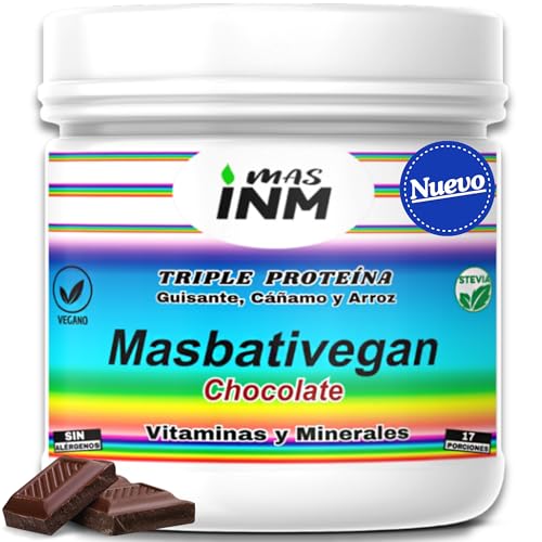 Masbativegan Batido de Proteínas para Adelgazar Chocolate 500g – Proteína Vegana en Polvo Triple Fuente (Guisante, Arroz, Cáñamo) – Sin Gluten ni Lactosa – Con Estevia y Fibra – Masinmune