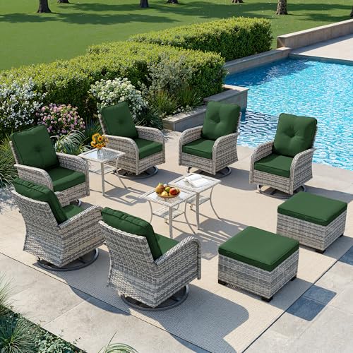Image of 11-Piece Small Patio Furniture Set, Outdoor Swivel Rocking Chairs Set with Ottomans, Patio Bistro Set for Balcony, Deck, Porch, Dark Green
