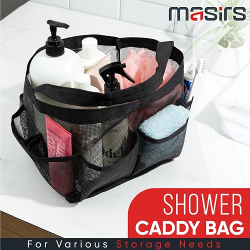 Masirs Shower Caddy Mesh - 9 Pocket Portable Bathroom Organizer Tote for Travel, Gym & Dorm - Collapsible Small Shower Caddy Bag to Hold Toiletries & Essentials (Black)2
