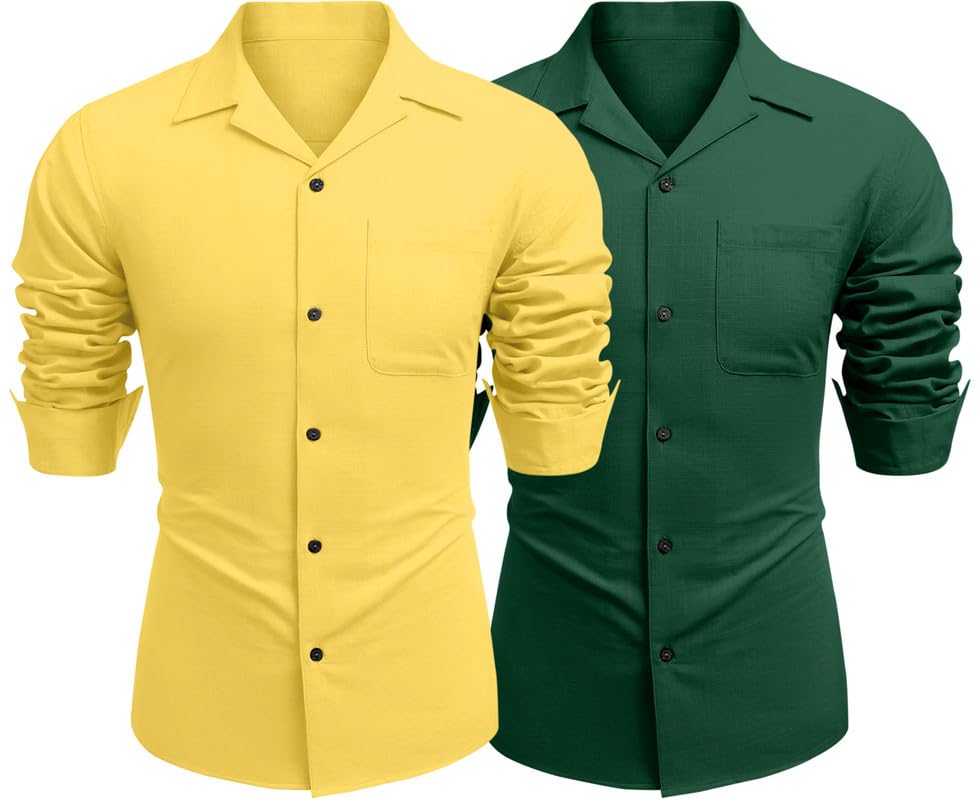 Image of Combo of Men's Casual Cotton Blend Shirt || Long Sleeve Button Down with Spread Collar | Lightweight Breathable Fabric | Stylish Solid Shirt for Beach, Office & Everyday Wear Pack of 2