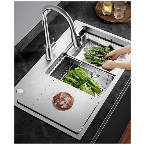 AIVANOTO Fregadero De Cocina De Acero Inoxidable Plateado, Con Escurridor, Tubo De Drenaje, Tabla De Cortar, Fregadero Grande De Una Sola Cubeta Para Cocina, Montaje Inferior, 80x50x22cm