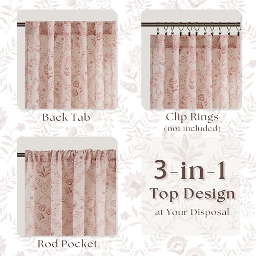 Image of Pink Linen Floral Pattern 96 Inch Curtains 2 Panel Set for Living Room | Semi Sheer, Light Filtering, Window Curtains, Blush Flower, Plant Leaf Print, Vintage, Boho, Drapes for Bedroom , Nursery